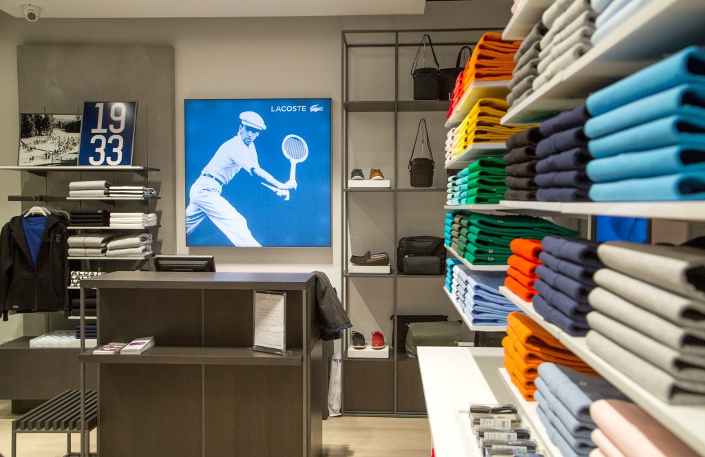 Heathrow, Terminal 4, airside, departure lounge, Lacoste retail outlet, March 2016.